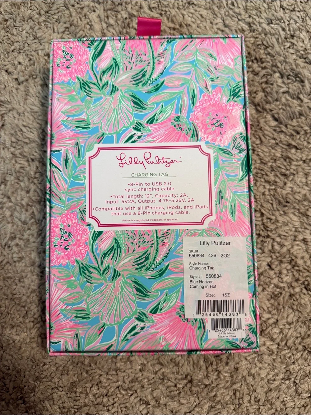 Lilly Pulitzer Pink Floral Keychain Charging Tag with Gold Ring